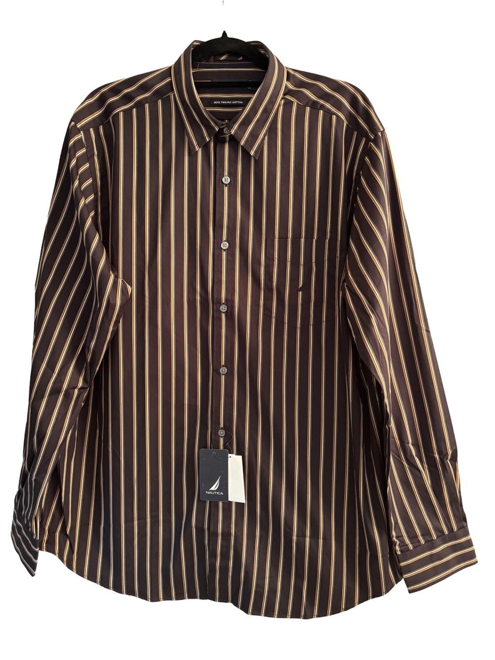 NWT Nautica Men's Striped Cotton Dress Shirt Anthracite Brown Size L